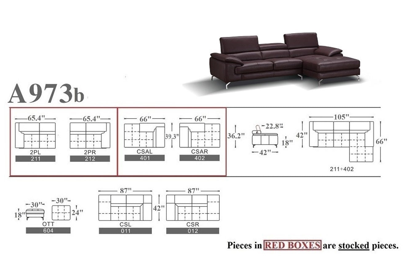 J and M Furniture Couches & Sofa A973b Premium Leather Mini Sectional in Maroon | J&M Furniture