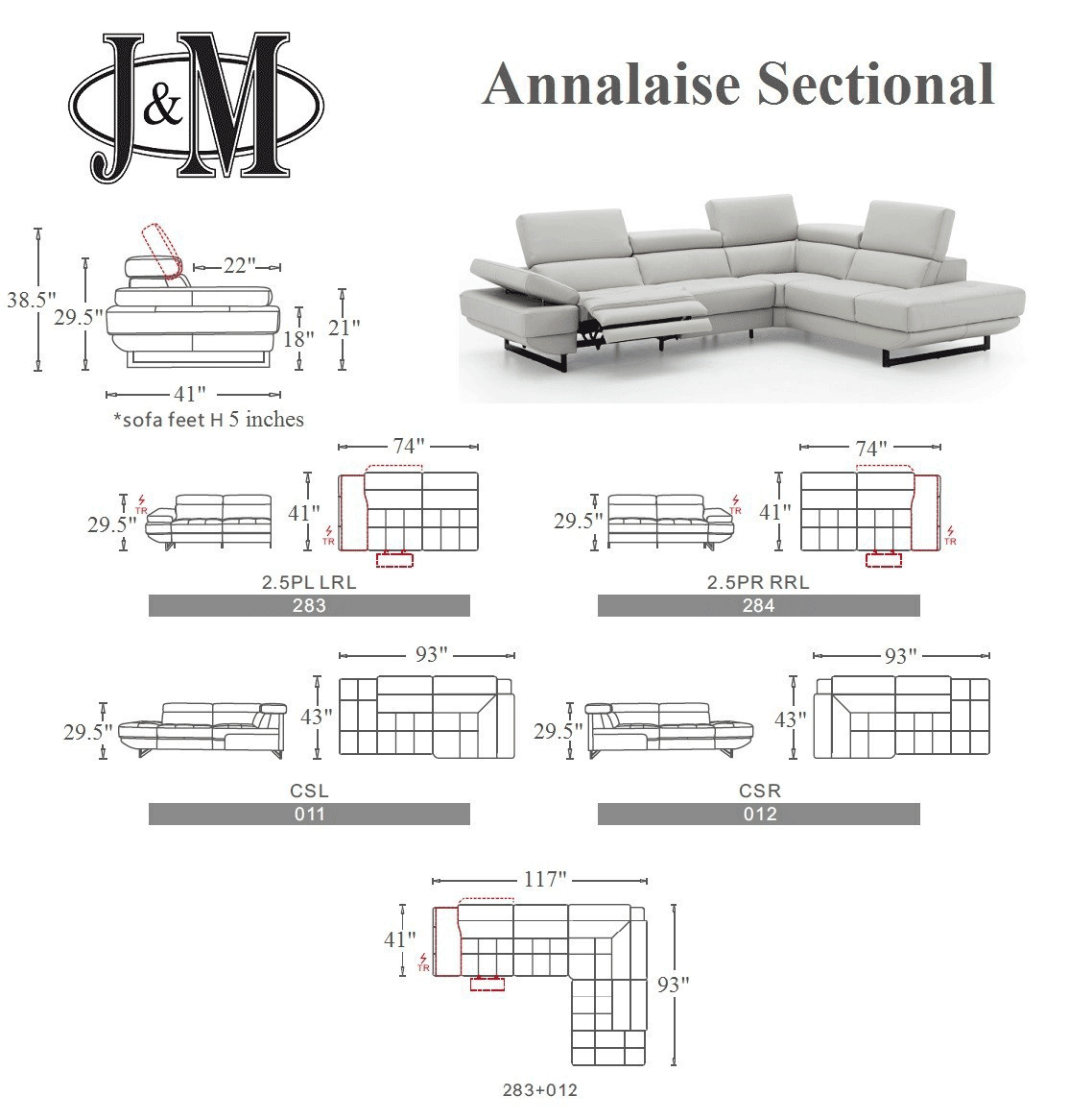 J and M Furniture Couches & Sofa Annalaise Leather Recliner Sectional in Silver Grey | J&M Furniture