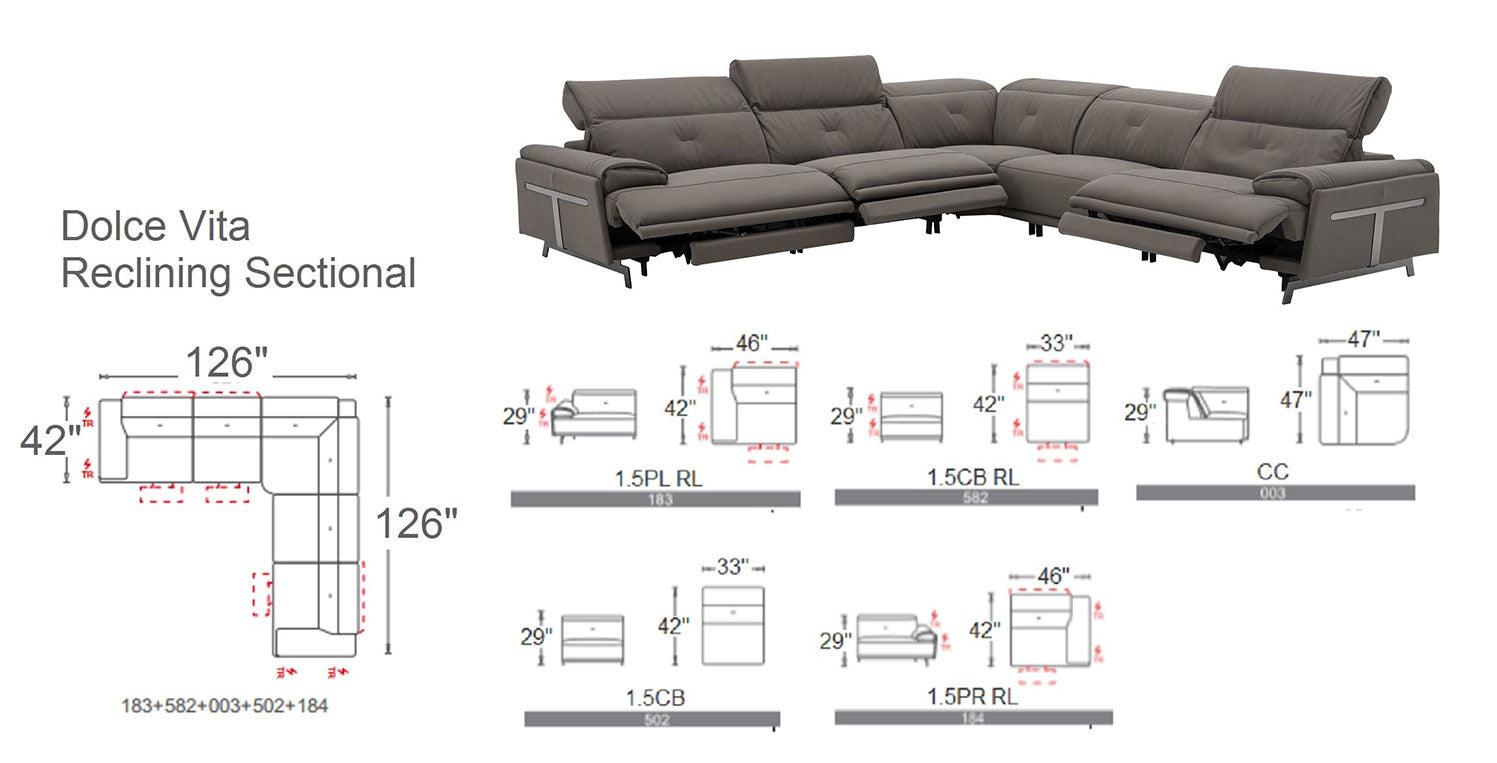J and M Furniture Couches & Sofa Dolce Vita Modern Leather Power Reclining Sectional in Milk Tea