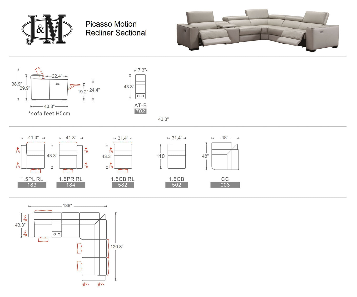 J and M Furniture Couches & Sofa Picasso Motion Sectional in Blue Grey | J&M Furniture