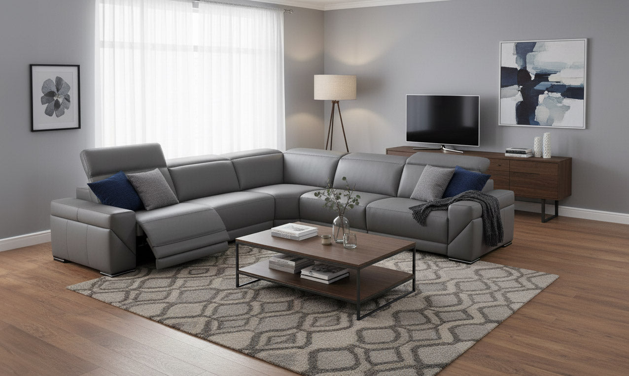 i912 Reclining Leather Sectional in Blue Grey | Incanto - Canal Furniture