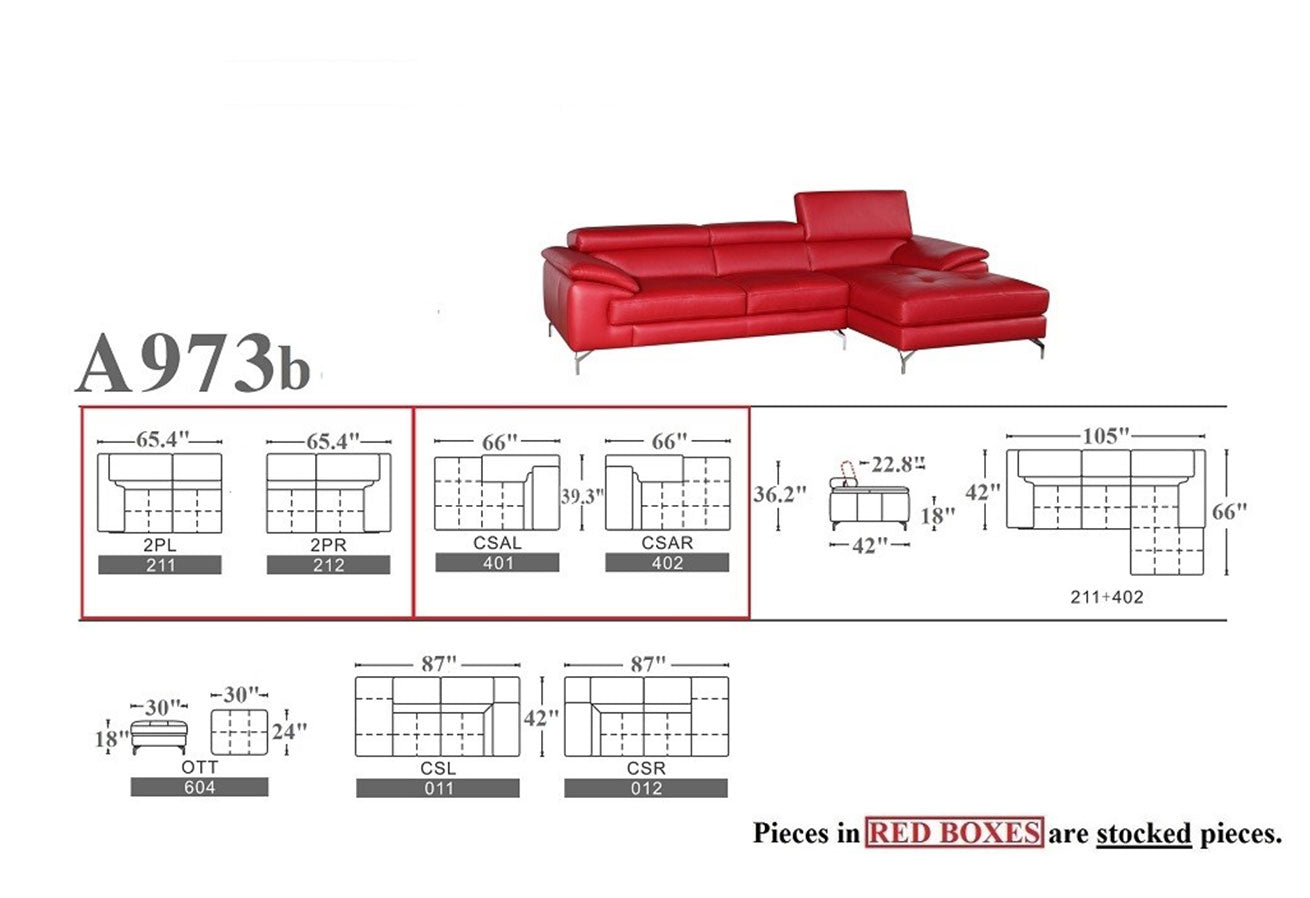 J and M Furniture Couches & Sofa A973b Premium Leather Mini Sectional in Red | J&M Furniture