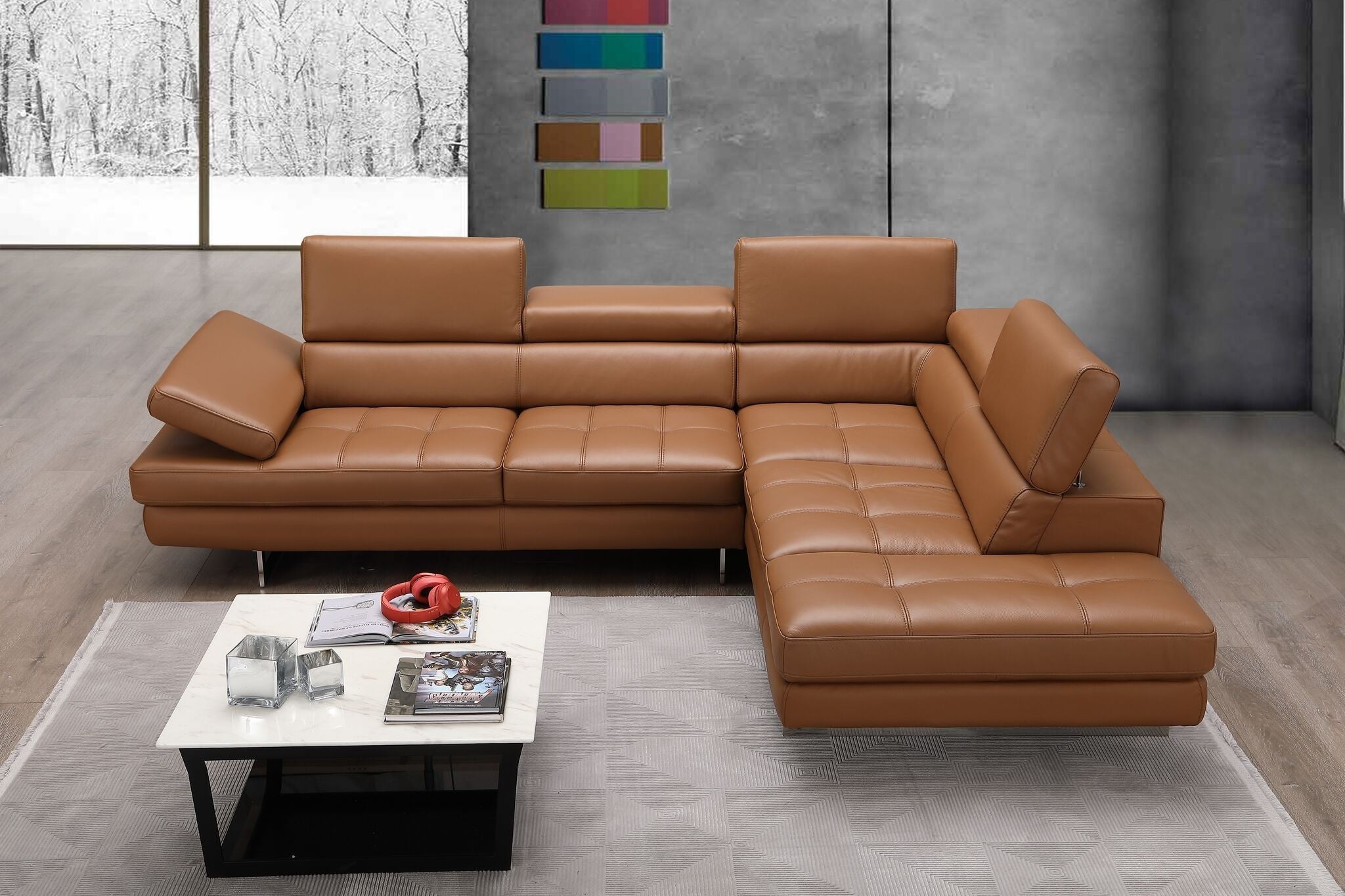 Forza A761 Italian Leather Sectional In Caramel | J&M Furniture