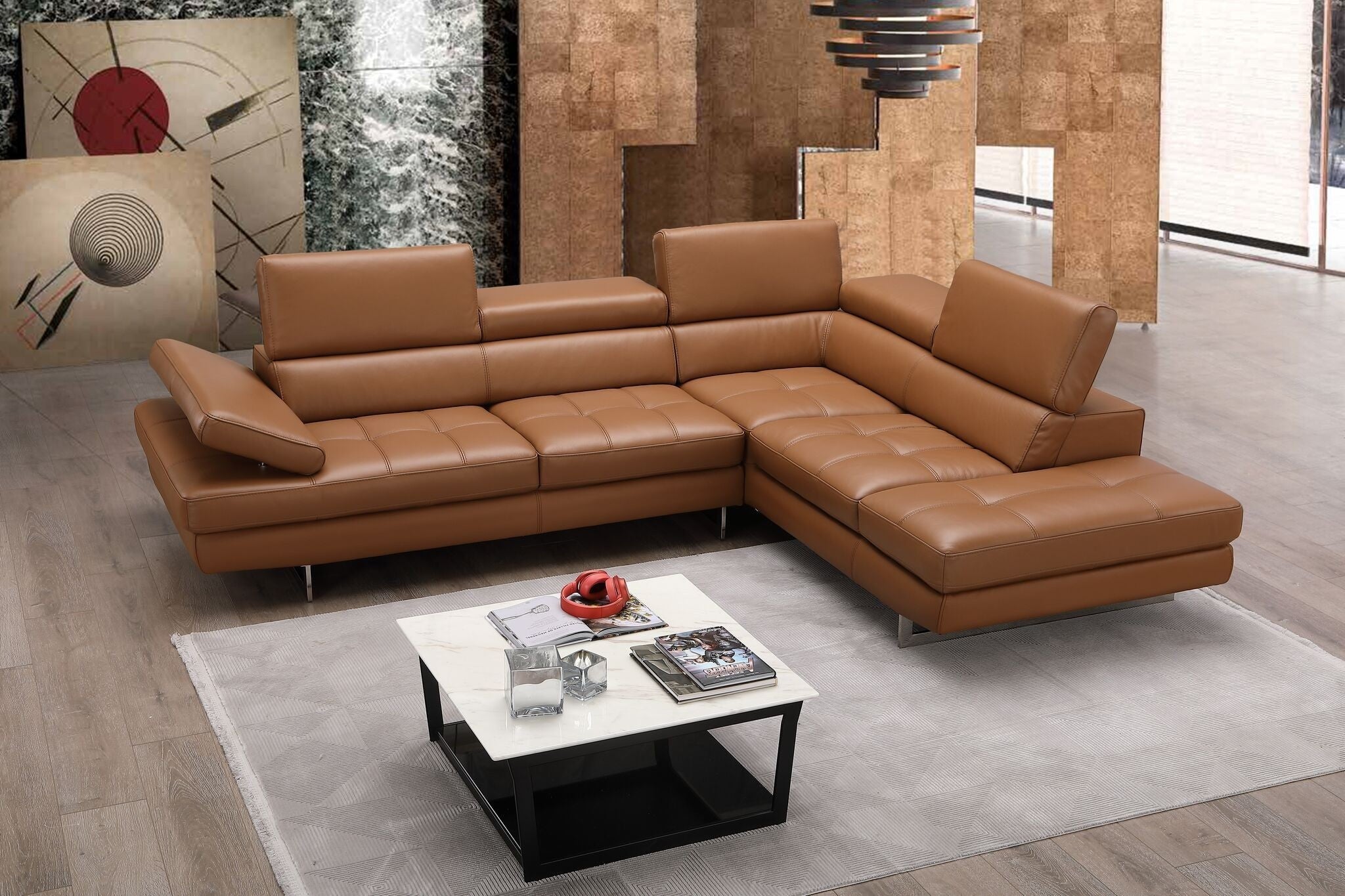 Forza A761 Italian Leather Sectional In Caramel | J&M Furniture