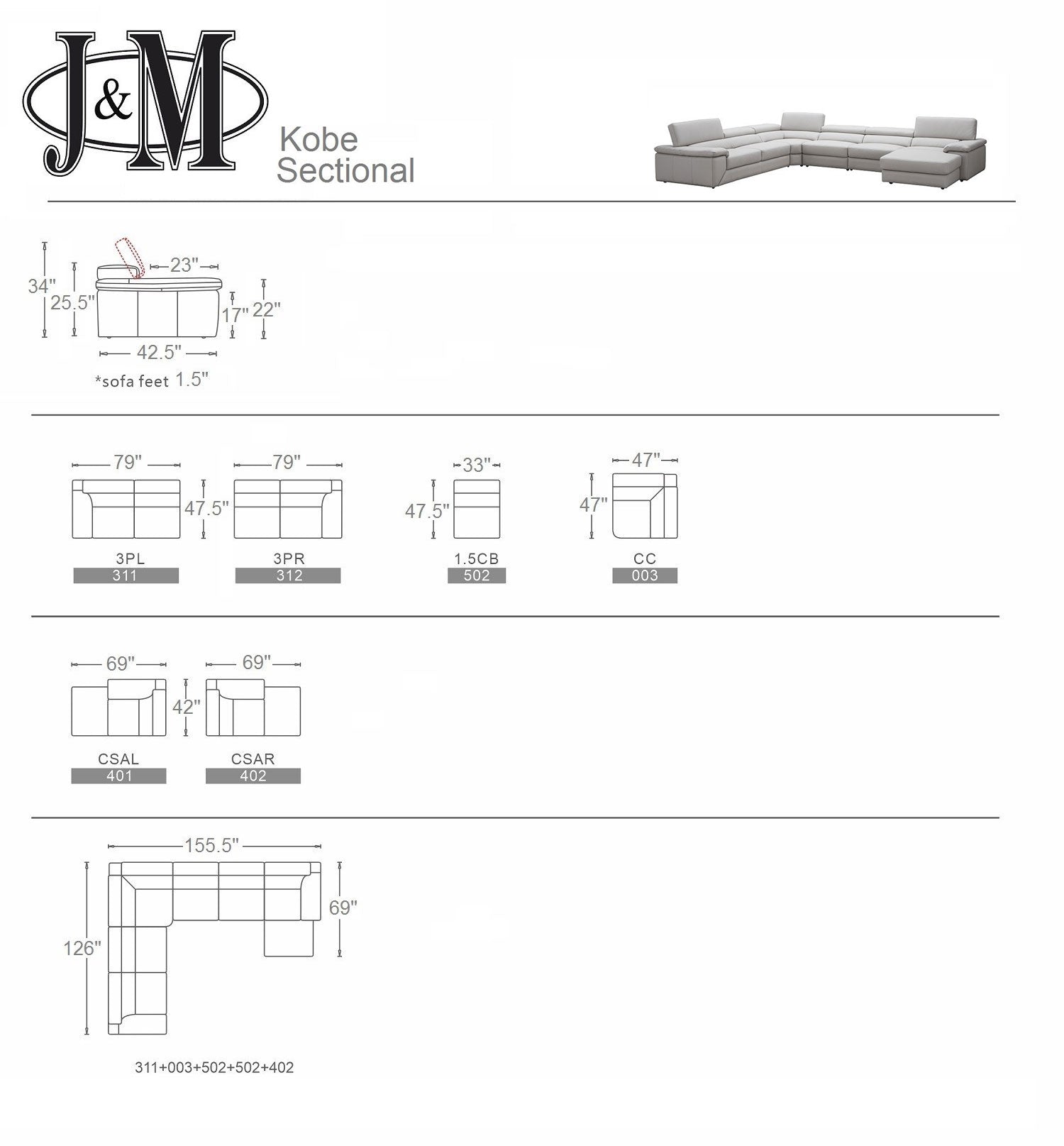 J and M Furniture Couches & Sofa Kobe Leather Sectional in Silver Grey | J&M Furniture